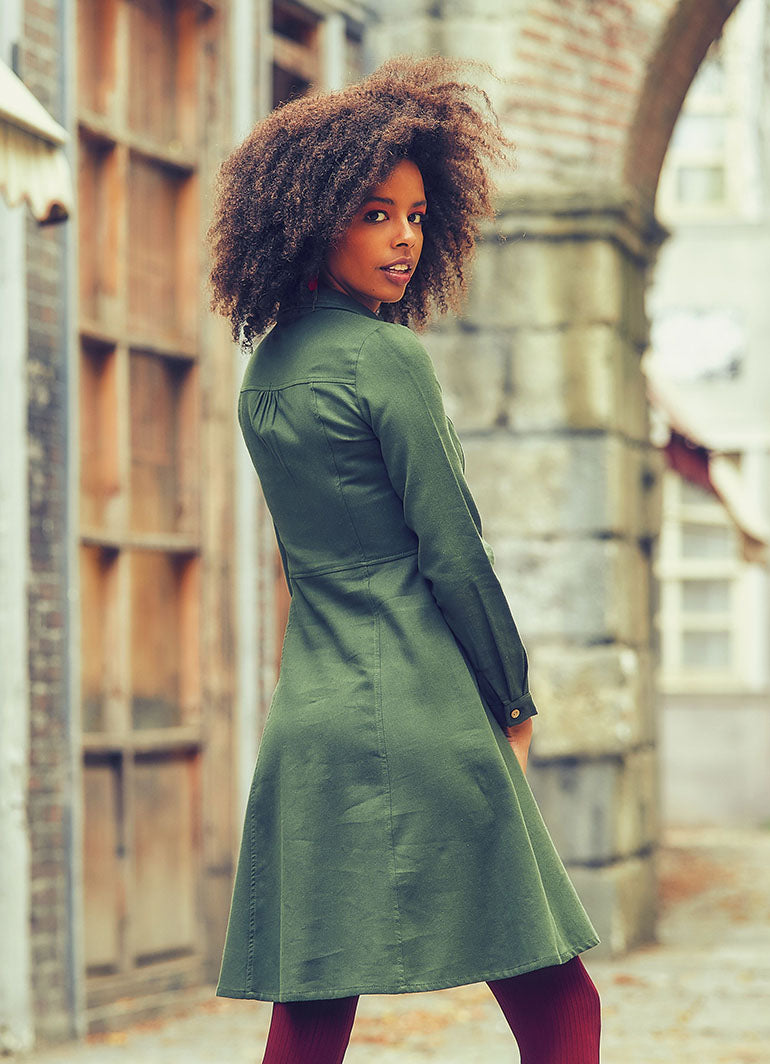 Shirt Collar Knee Lenght Long Sleeve Cotton Fit And Flare Dress