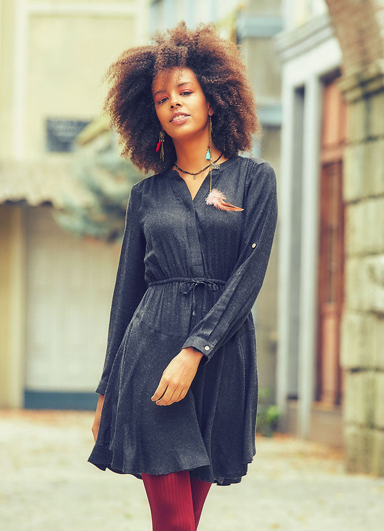 Adjustable Sleeve Detailed V Neckline Short Winter Dress