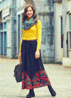 Wooden Bead Detail Double-Layered Elastic Waist Cotton Maxi Skirt