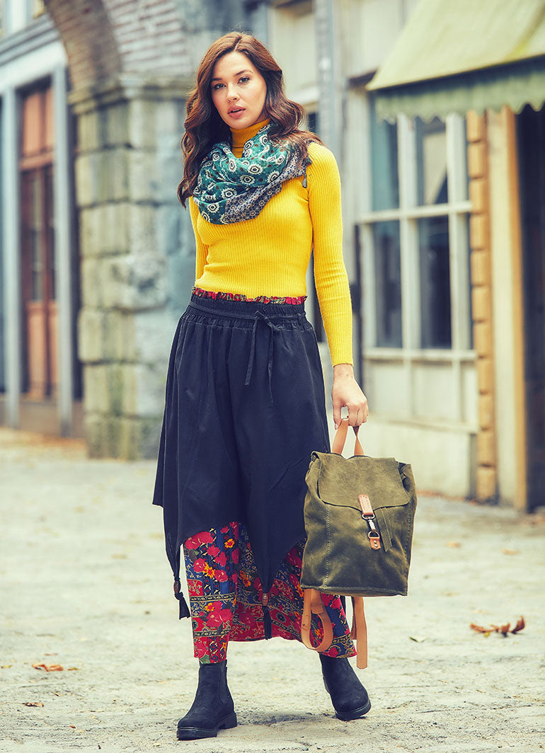 Wooden Bead Detail Double-Layered Elastic Waist Cotton Maxi Skirt