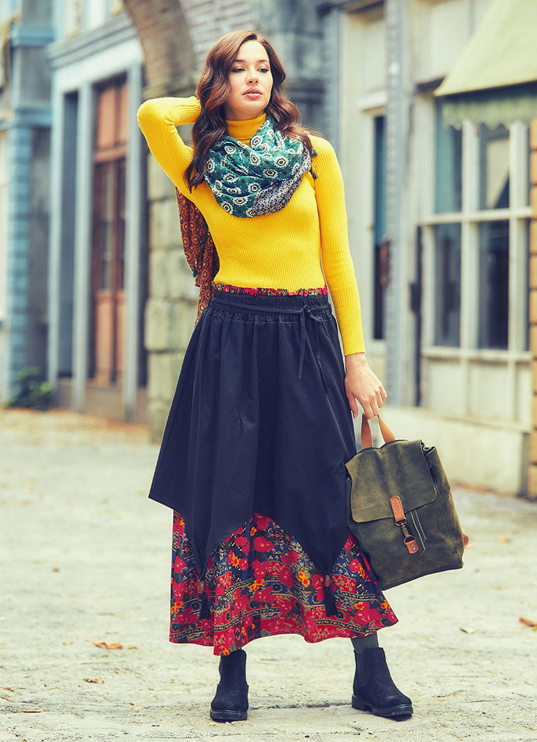 Wooden Bead Detail Double-Layered Elastic Waist Cotton Maxi Skirt