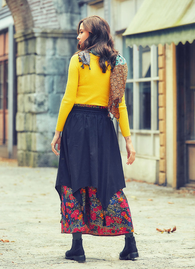 Wooden Bead Detail Double-Layered Elastic Waist Cotton Maxi Skirt