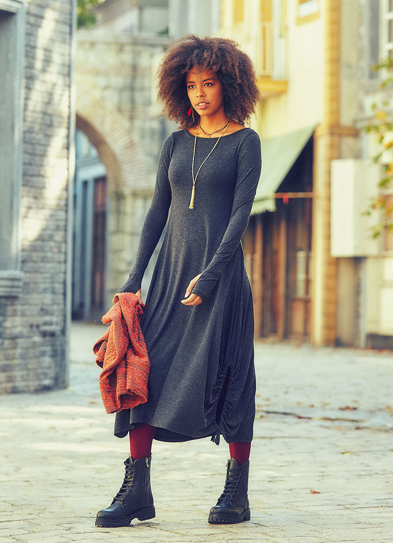 Boat Neckline Thumb Hole Detail Long Sleeve Wholesale Maxi Dress