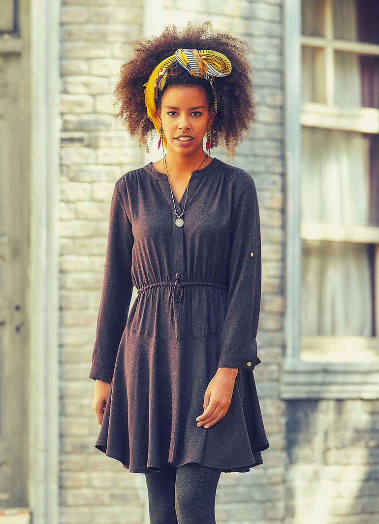 Adjustable Sleeve Tie Waist Button Detailed V Neck Short Dress