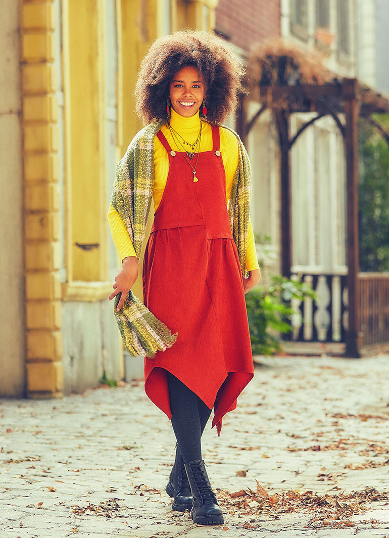 Relaxed Fit Hem Detailed Mid Length Velvet Dungaree Dress