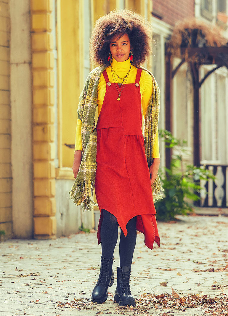 Relaxed Fit Hem Detailed Mid Length Velvet Dungaree Dress