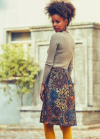 Drape Detailed Elastic Waist Knee Lenght Printed Flared Skirt