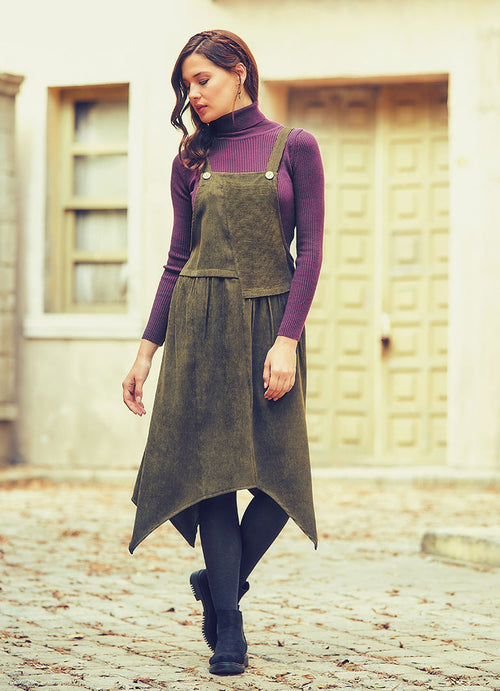 Asymmetrical Hem Mid Length Relaxed Fit Velvet Dungaree Dress