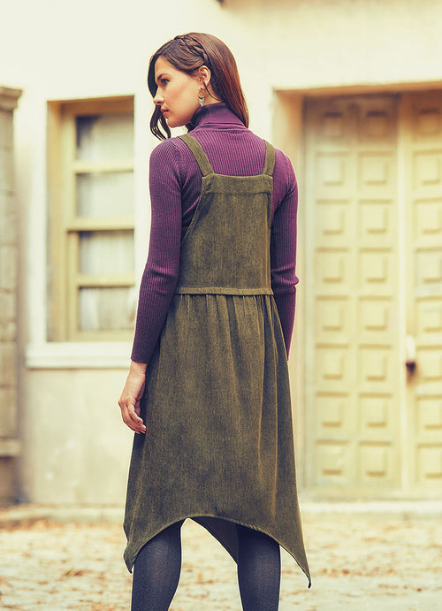 Asymmetrical Hem Mid Length Relaxed Fit Velvet Dungaree Dress
