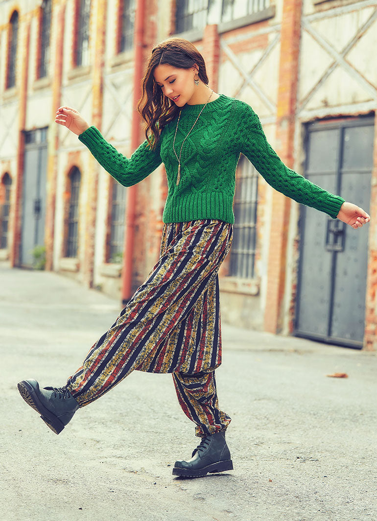 Elastic Waist and Hem Detailed Striped Winter Harem Pants