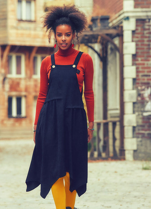 Asymmetrical Hem Detailed Velvet Black Midi Dungaree Dress