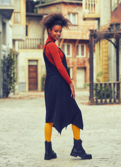 Asymmetrical Hem Detailed Velvet Black Midi Dungaree Dress