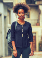 Crew Neck 3/4 Sleeve Button Down Black Shirt