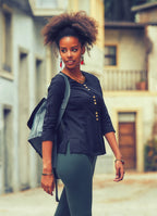 Crew Neck 3/4 Sleeve Button Down Black Shirt