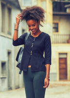 Crew Neck 3/4 Sleeve Button Down Black Shirt