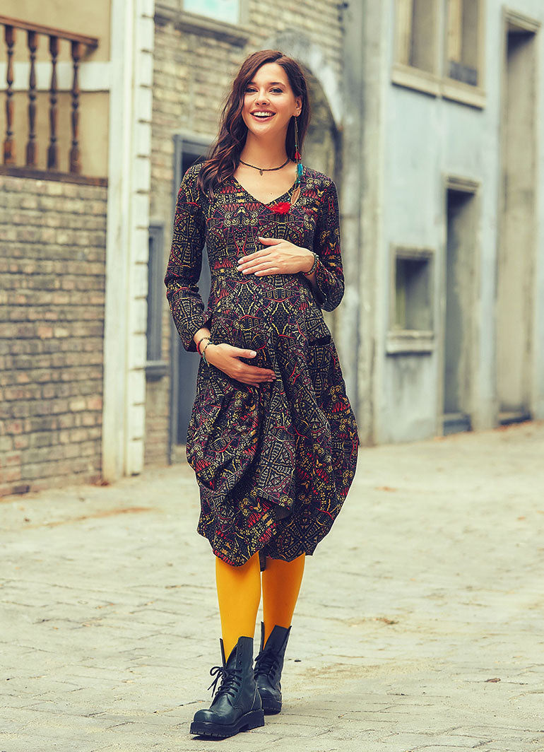 V Neck Tie Waist Boho Style Long Sleeve Cotton Maternity Dress