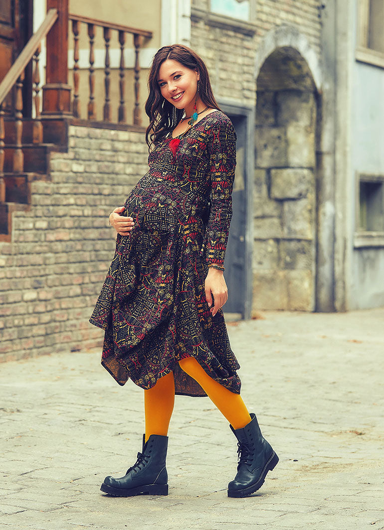 V Neck Tie Waist Boho Style Long Sleeve Cotton Maternity Dress