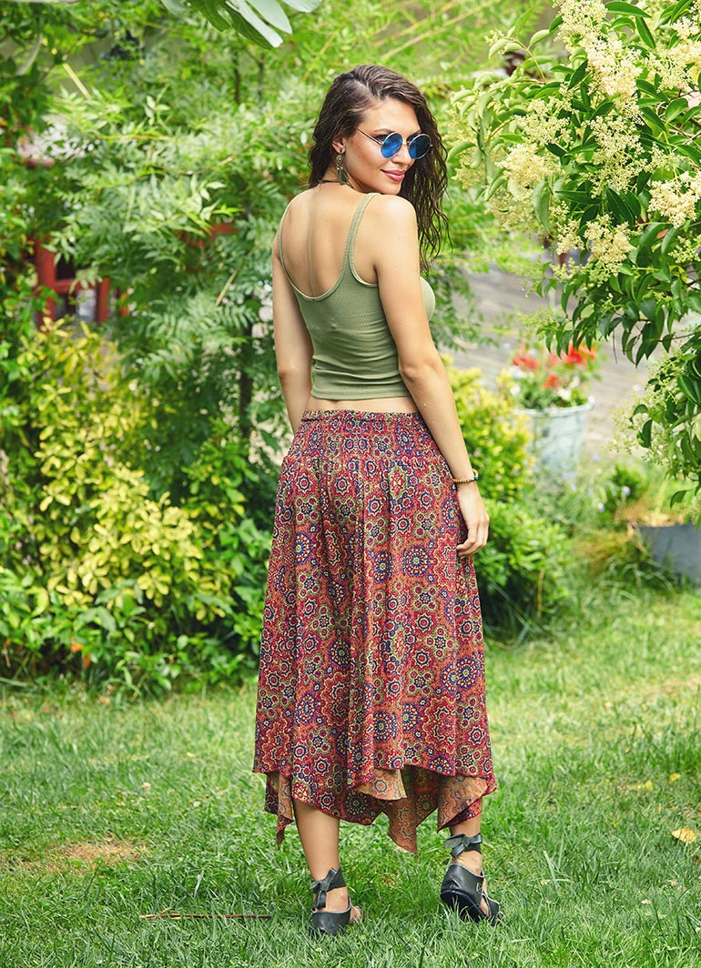 Retro Print Asymmetrical Hem Bohemian Wholesale Flowy Midi Skirt
