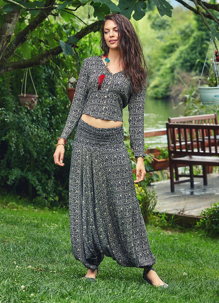 Bohemian Ethnic Print Long Sleeve Button Down Wholesale Crop Top