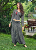 Bohemian Ethnic Print Long Sleeve Button Down Wholesale Crop Top