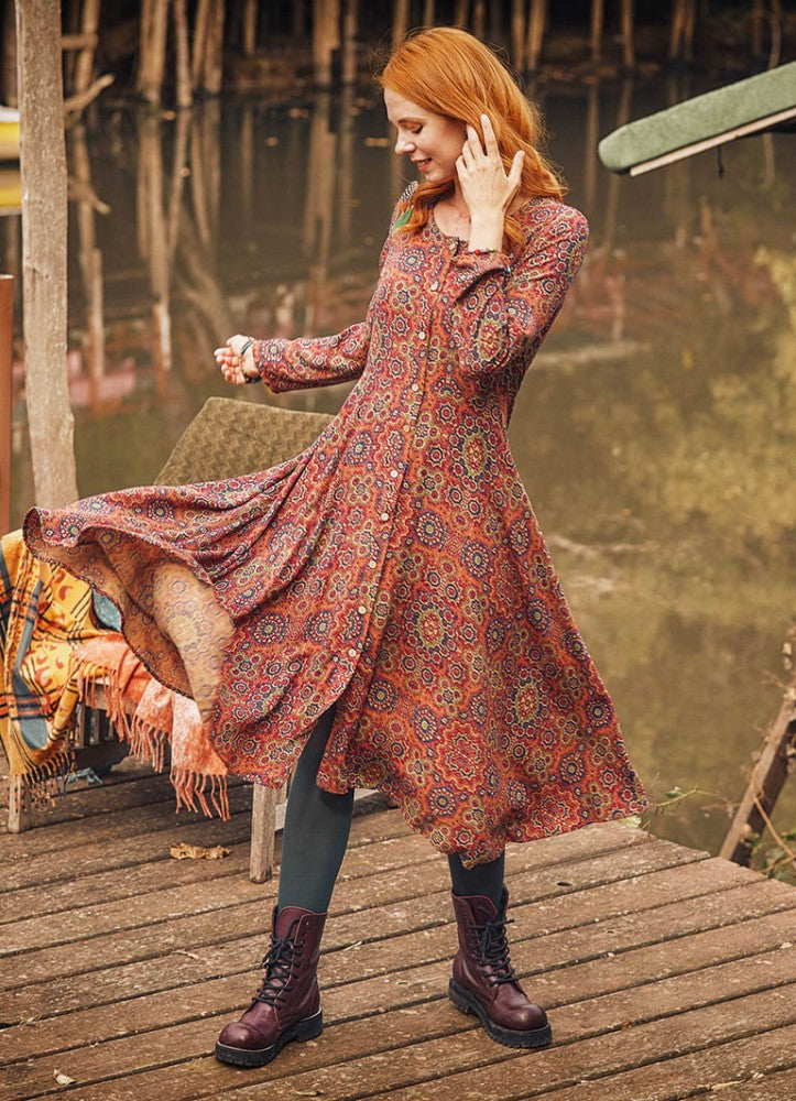 Retro Print Asymmetrical Hem Button Down Long Sleeve Dress