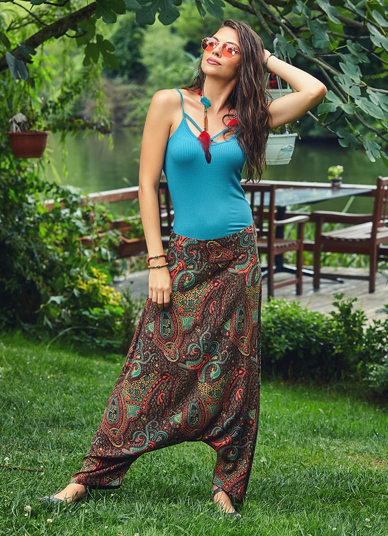 Paisley Print Side Zipper Closure Flat Waist Bohemian Harem Pants