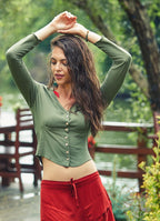 Shirred Back Button Down Long Sleeve Bohemian Wholesale Crop Top