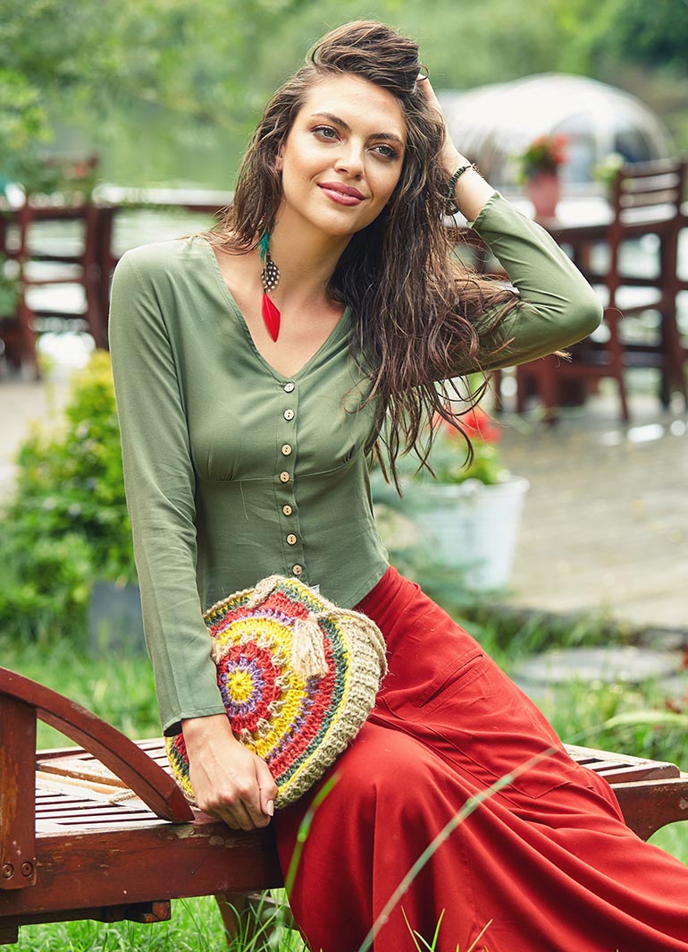 Shirred Back Button Down Long Sleeve Bohemian Wholesale Crop Top