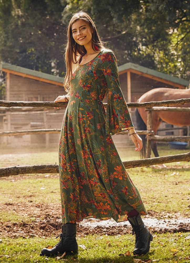 Boat Neck Green Floral Gypsy Style Long Dress