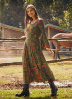 Boat Neck Green Floral Gypsy Style Long Dress