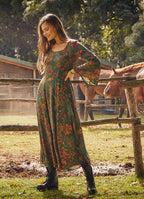 Boat Neck Green Floral Gypsy Style Long Dress