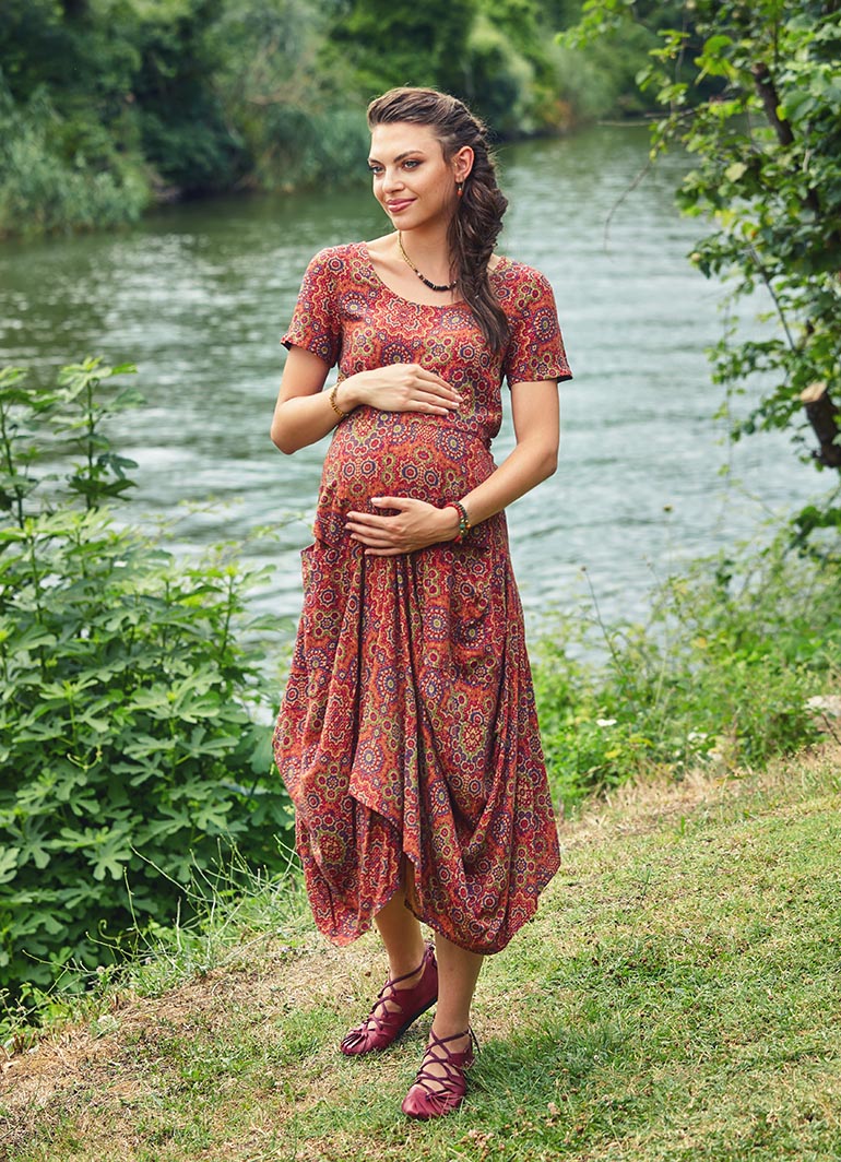 Retro Print Half Sleeve Round Neck Long Bohemian Maternity Dress