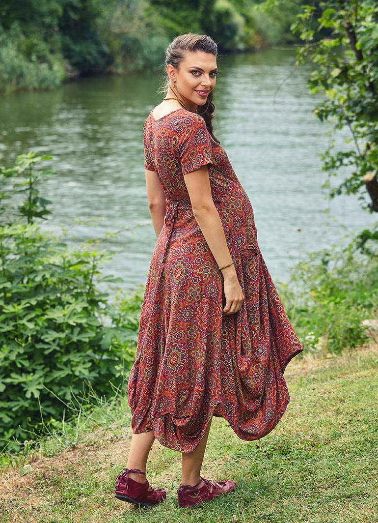 Retro Print Half Sleeve Round Neck Long Bohemian Maternity Dress