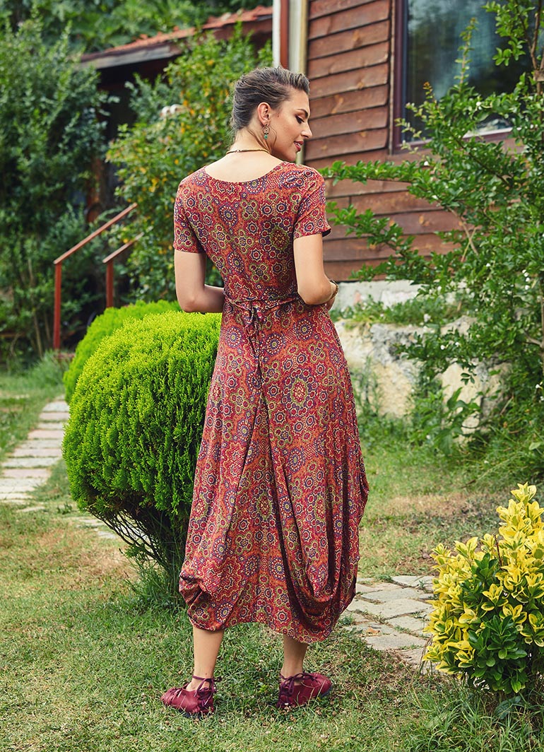 Ethnic Print Round Neck Half Sleeve Long Dress