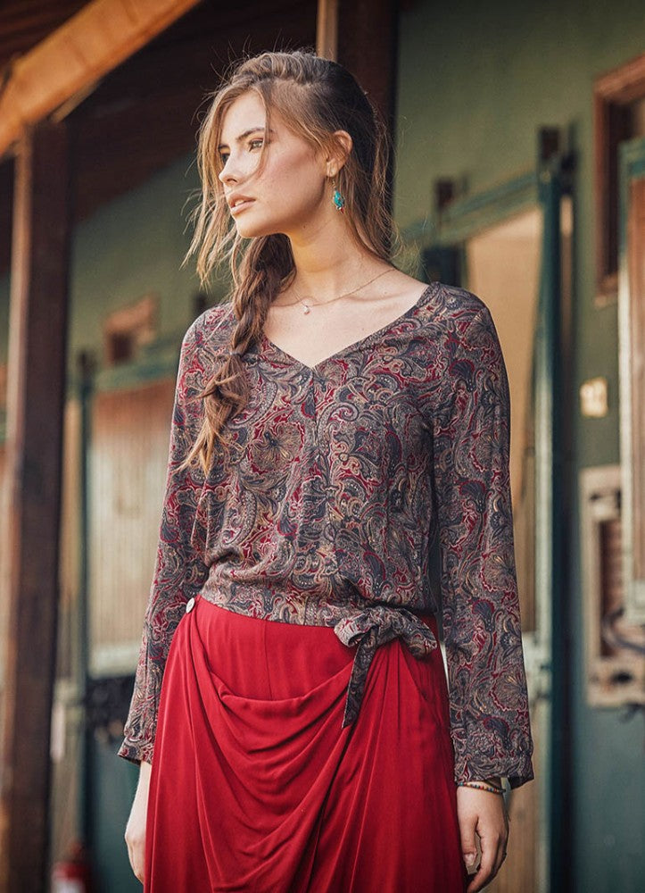 Red Patterned Paisley Boho Wrap Top