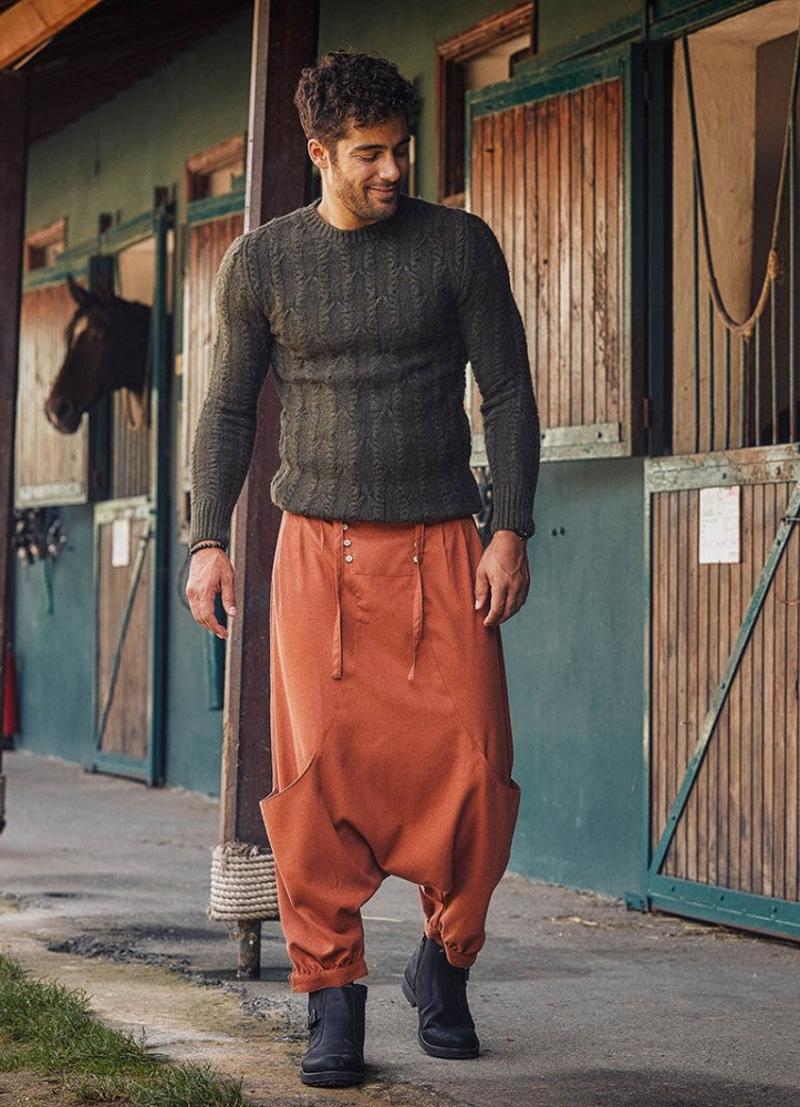 Elastic Waist Tie Front Men's Tile Harem Pants