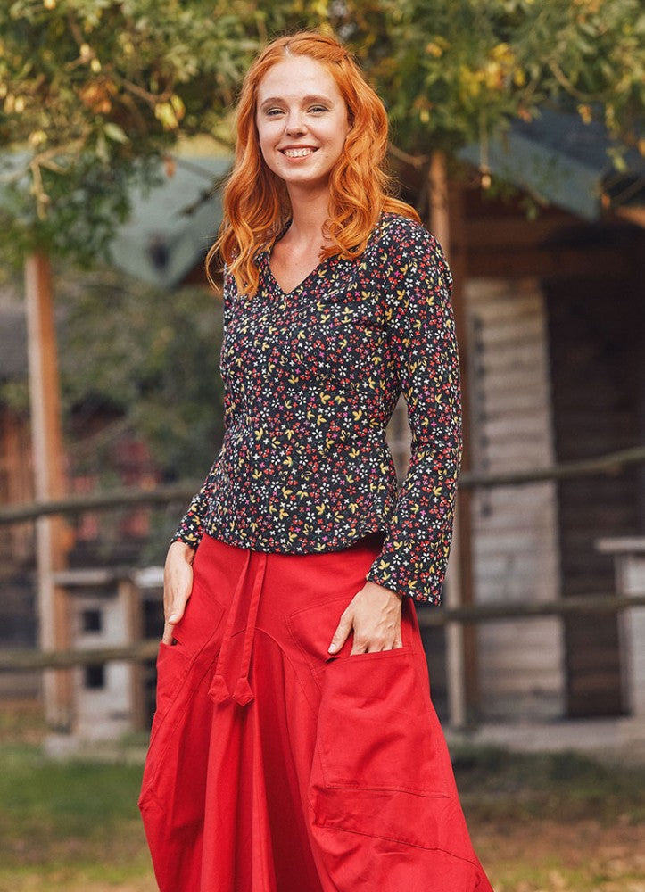 Black Floral V Neck Tie Back Long Sleeve Boho Chic Winter Top