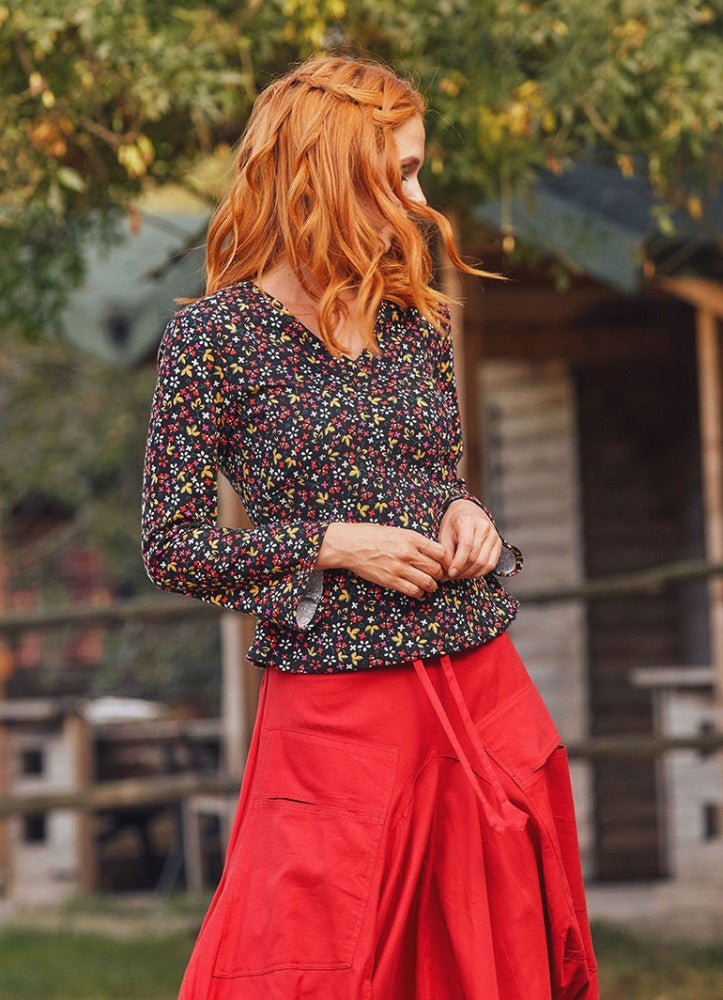 Black Floral V Neck Tie Back Long Sleeve Boho Chic Winter Top