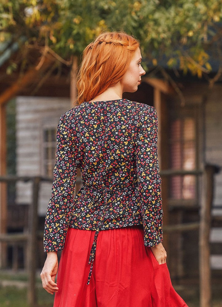 Black Floral V Neck Tie Back Long Sleeve Boho Chic Winter Top