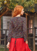 Black Floral V Neck Tie Back Long Sleeve Boho Chic Winter Top