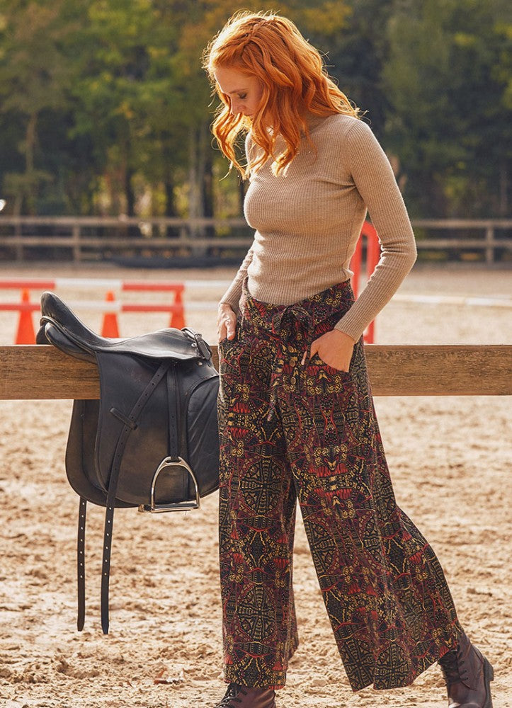 Tie Waist Ethnic Print Wide Leg Cotton Pants