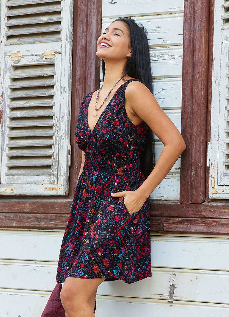 V Neck Black Floral Dress with Belted Waist 5015
