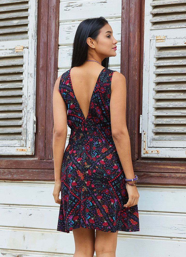 V Neck Black Floral Dress with Belted Waist 5015