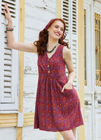 V Neck Button Detail Sleeveless Red Ethnic Dress 5022