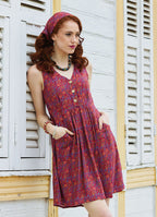 V Neck Button Detail Sleeveless Red Ethnic Dress 5022