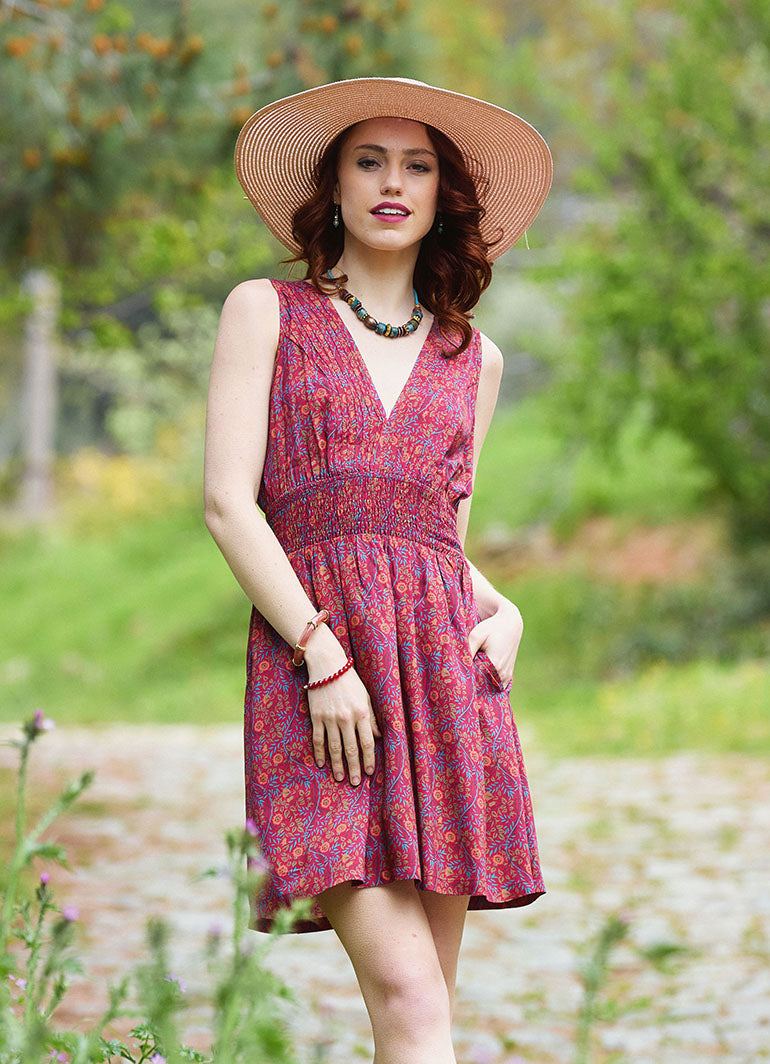 V Neck Red Floral Dress with Belted Waist 5012