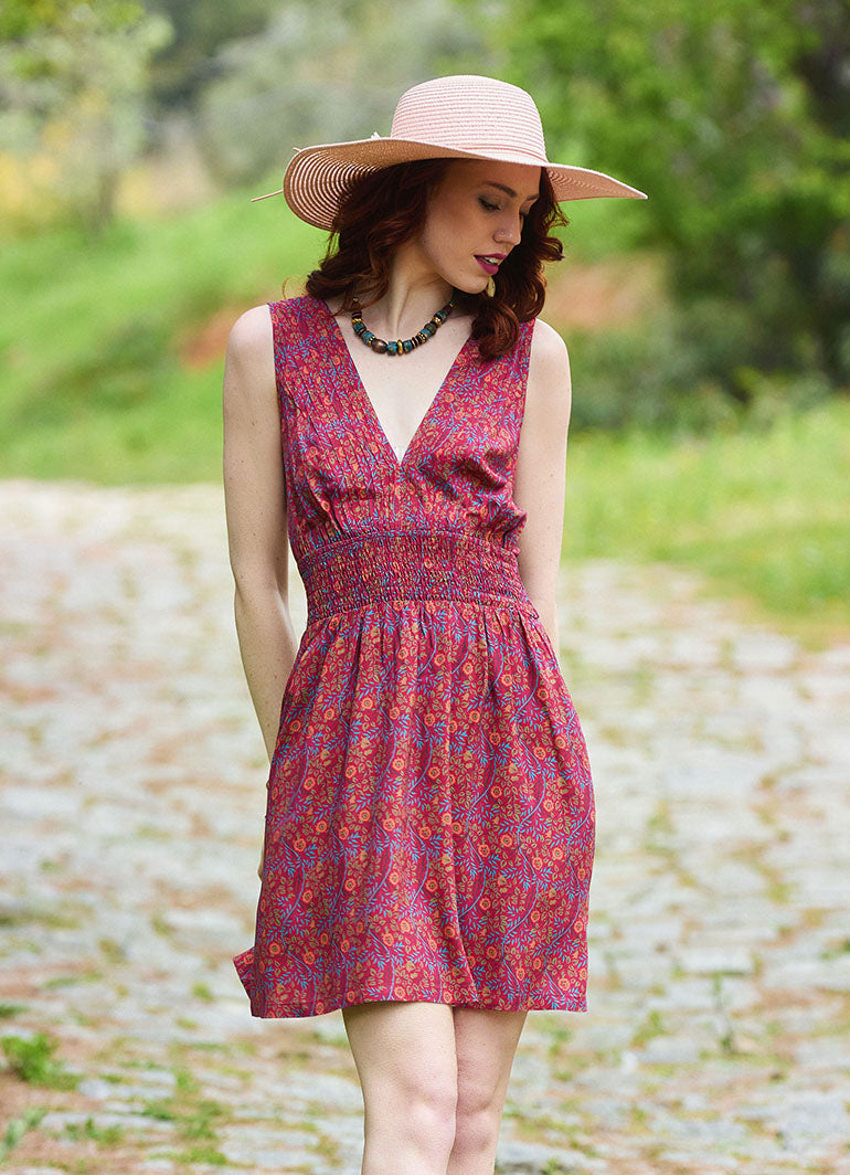 V Neck Red Floral Dress with Belted Waist 5012