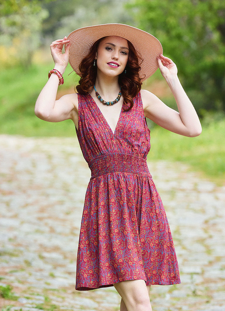 V Neck Red Floral Dress with Belted Waist 5012