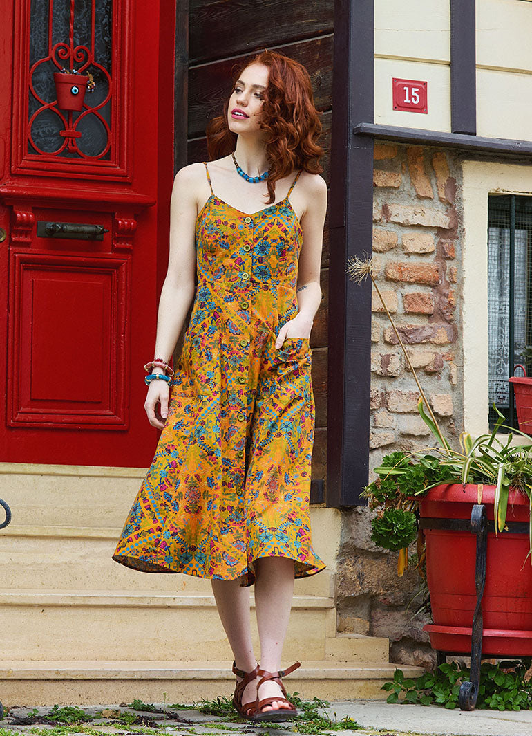 Mustard Colored Floral Dress with Spaghetti Straps, Button-Up Back, and Low-Cut Back 5002
