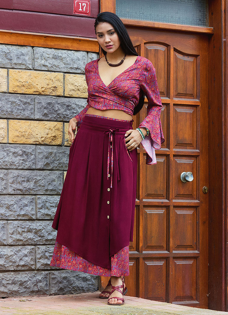 Double Layered Red Floral Skirt with Pockets and Button Details 5028